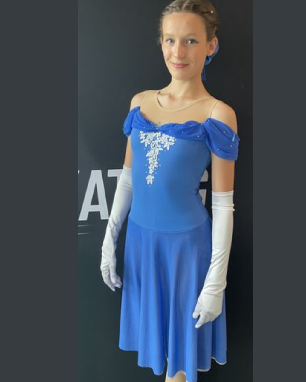 custom blue Cinderella figure skating dress with butterflies by Sleek Edge. Cinderella figure skating dress.