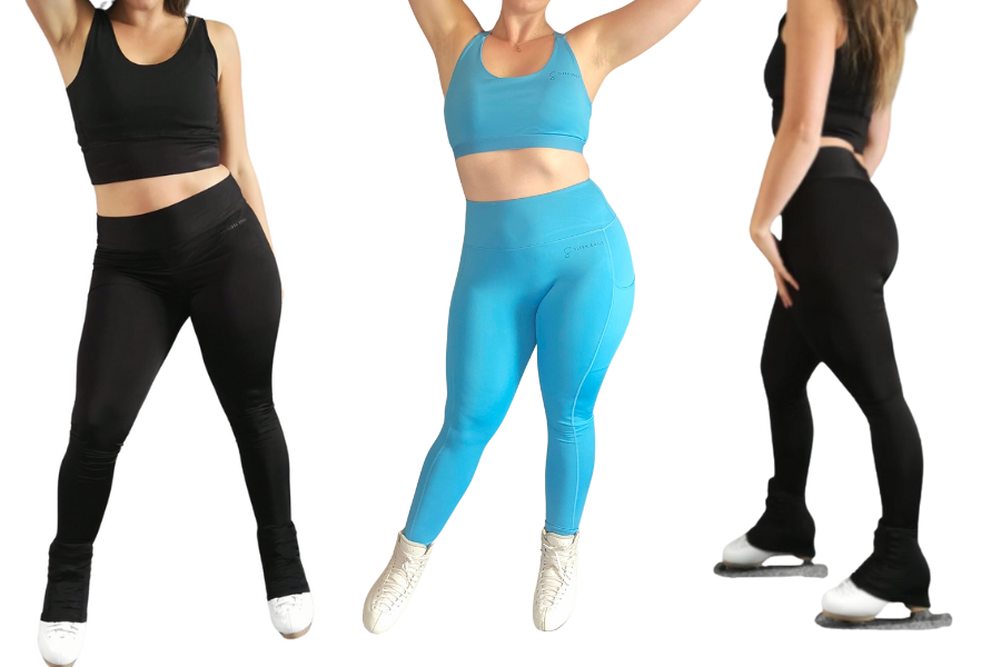 Three women wearing black and blue leggings on a white background