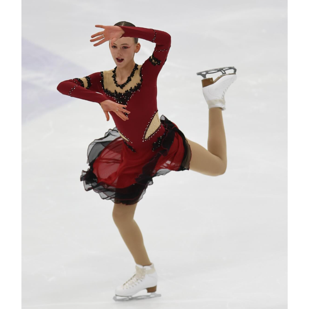 custom red and black figure skating dress with rhinestones by Sleek Edge, salsa dress