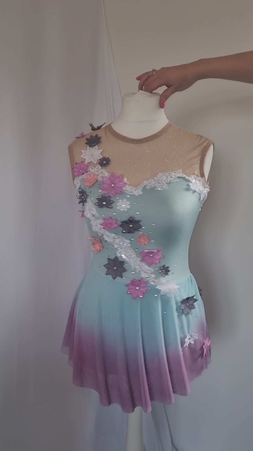 custom figure skate dress purple and blue with flowers and airbrushing