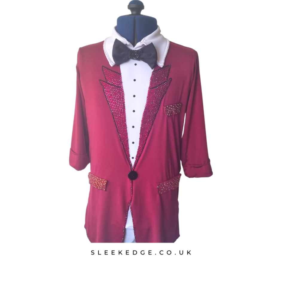 red tuxedo jacket with embellishments on a mannequin against a white background, branded 'Sleek Edge'.